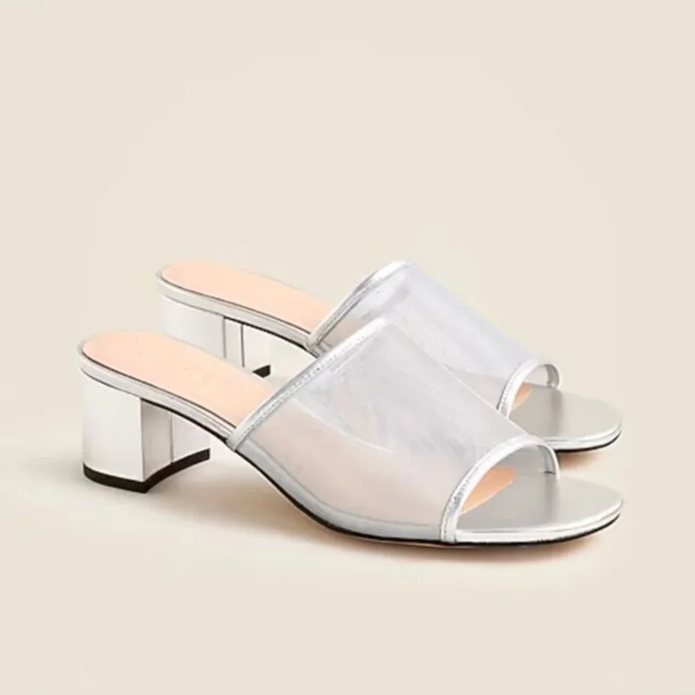 NWB J. Crew Mule Block Heel Sandals in Silver Metallic Mesh Size 12